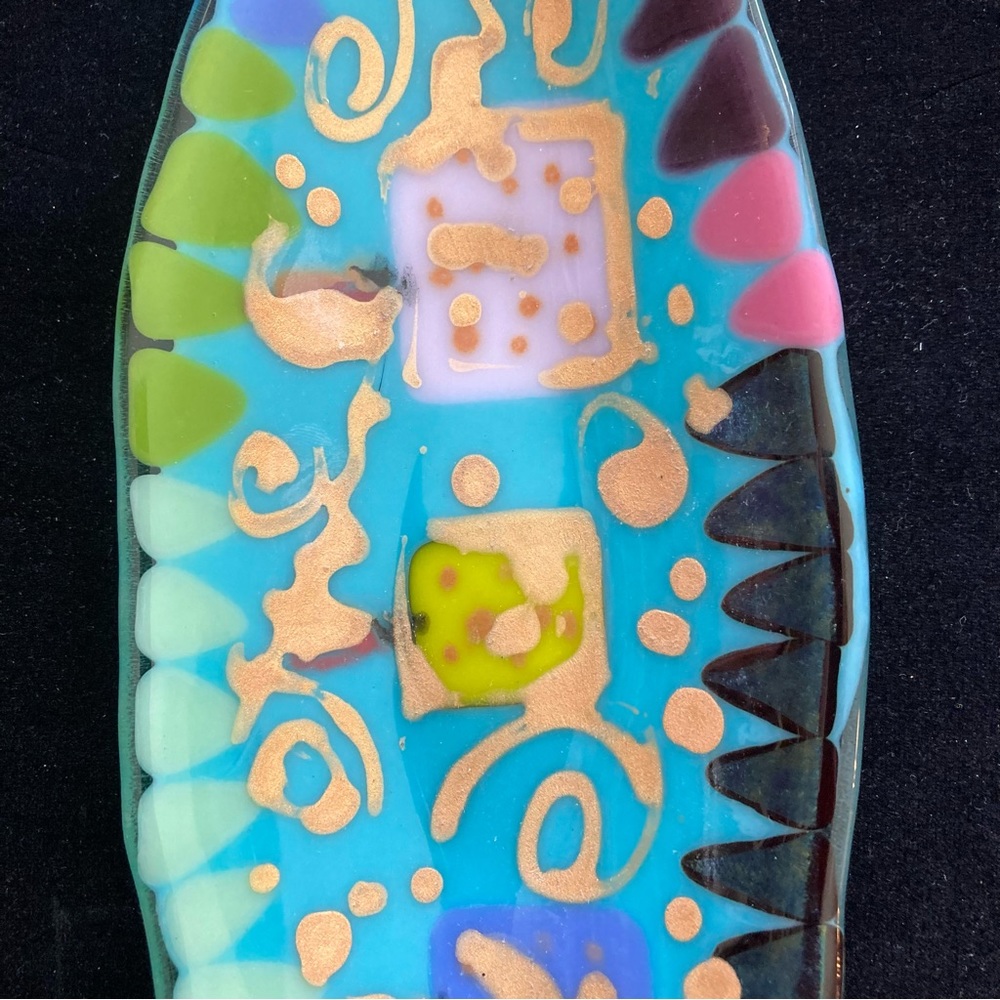 Handmade Aqua Blue Glass Oval Bowl with Fused Paint Gold Accents 10”x4” - Picture 8 of 9